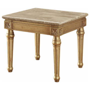 24" Antique Gold And White Faux Marble Mirrored End Table