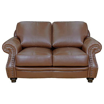 63" Wide Top Grain Leather Loveseat, Chestnut Brown Rolled Arm Small Couch