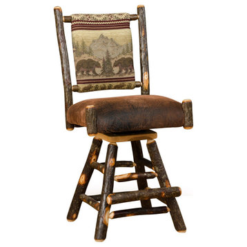 Hickory Log Straight Back Swivel Barstool with Faux Brown Leather Seat, Set of 2, 24 Inch, Bear Mountain