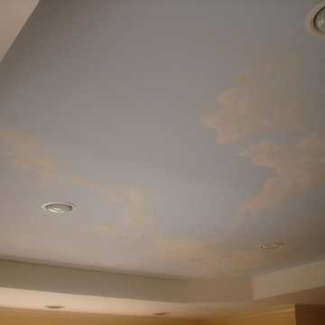 Living room. Mill work. Custom mural. Stencil.