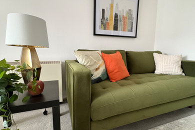 Photo of a medium sized contemporary enclosed living room in London with white walls, carpet and grey floors.