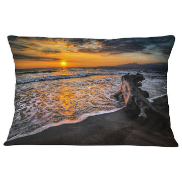 Log on Beach During Sunset Seashore Throw Pillow, 12"x20"