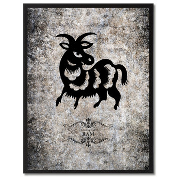 Ram Chinese Zodiac Black Print on Canvas with Picture Frame, 13"x17"