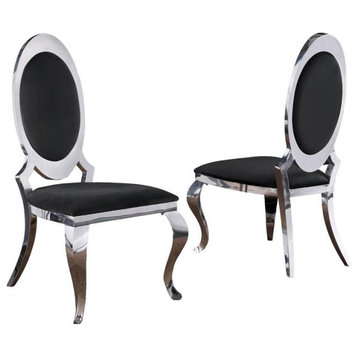 Classy Round Back Black Velvet Side Chairs with Silver Legs (Set of 2)