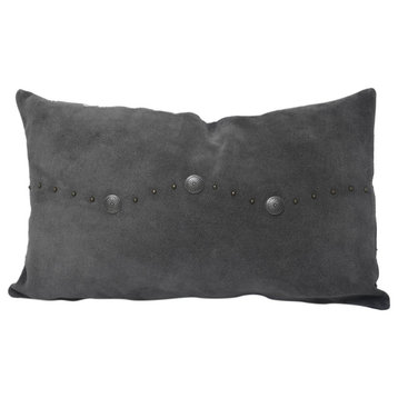 Western Suede Antique Silver Concho & Studded Lumbar Pillow, 12" x 20", Gray