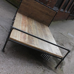 Amy Dark Steel Pipe & Reclaimed Industrial Scaffolding Board Double Bed Frame - Panel Beds