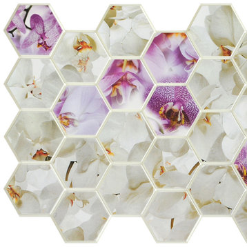 Purple White Hexagon Orchid Mosaic 3D Wall Panels, Set of 5, Covers 25.6 Sq Ft