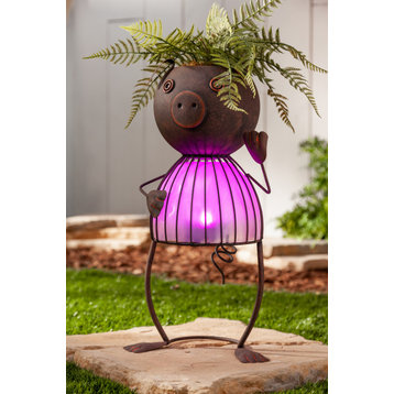 20.87" Solar Lighted Garden Meadow Pig Pot Head