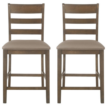 Boughton Farmhouse Upholstered Wood Counter Stools, Set of 2, Antique Brown