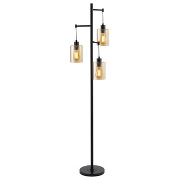 Modern 69" 3-Light Tree Floor Lamp With Glass Shades, Amber Shades