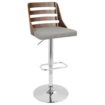 Trevi Mid-Century Modern Adjustable Barstool With Swivel, Walnut/Gray