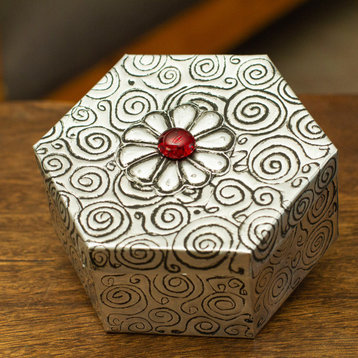 Novica Handmade Hexagon With Flower Aluminum Decorative Box