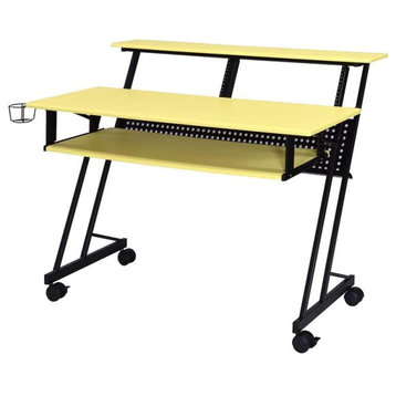 Unique Desk, Wheeled Metal Frame With Raised Stand and Pull Out Tray, Yellow/Bla