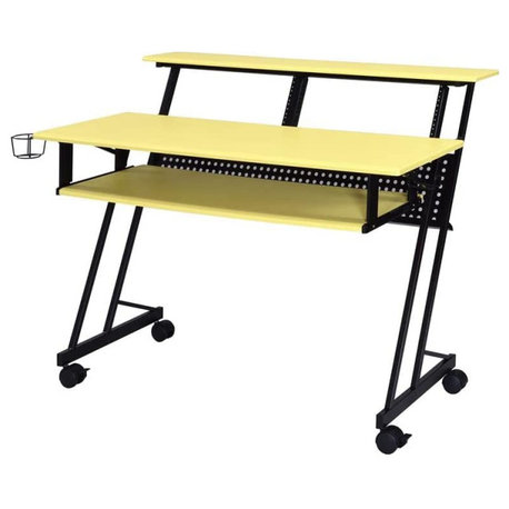 Unique Desk, Wheeled Metal Frame With Raised Stand and Pull Out Tray, Yellow/Bla