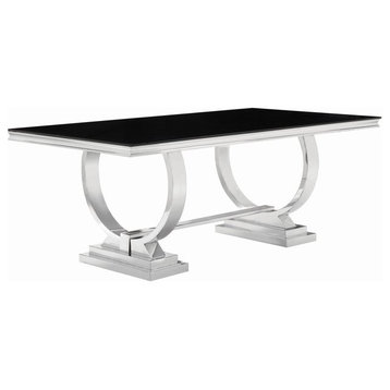 Contemporary Dining Table, Stainless Steel Base With Black Tempered Glass Top