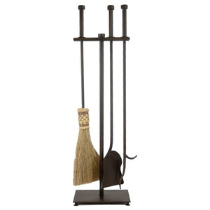 Pewter And Black 4 Tool Fire Set Traditional Fireplace Tools