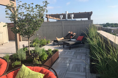 Inspiration for a mid-sized modern rooftop deck container garden remodel in Chicago with a pergola