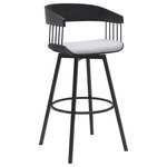 Armen Living - Athena 27" Swivel Black Wood Counter Stool, Light Gray Fabric With Black Metal, 31 - Bring sophisticated style and comfort to your home with our Athena Upholstered Swivel Bar or Counter Stool. With bentwood construction, our bar stool features a stunningly streamlined and striking barrel back. Its sleek and eye-catching curves are complemented by an airy metallic frame and splayed legs for a stunning visual impact. An enveloping silhouette and padded seat promise a comfortable sit in a kitchen or lounge. Our barstool is available in both faux leather and high-performance fabric to best suit the daily wear and tear of your home. Expertly crafted from metal and engineered wood, the counter stool shows off a mixed material elegance to work well anywhere from your kitchen to a home office. It can complement a kitchen island, pub table, home bar, or adjustable desk, bringing a dose of style and comfort. Our modern bar stool comes with a wonderful 360-degree swivel with a smooth gliding system, allowing you to join conversations around the counter or work with ease and efficiency. The Athena swivel bar or counter stool easily incorporates into any home and is available in your choice of 27-inch or 31-inch seat height in a walnut wood finish with black, cream, and gray faux leather upholstery or a black wood finish with your choice of light gray or blue fabric or gray faux leather upholstery.