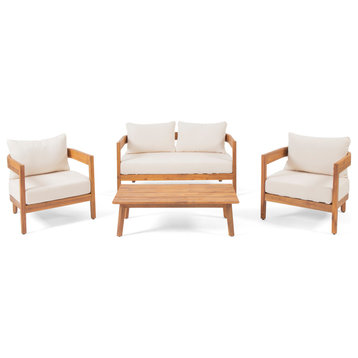 Brooklyn Outdoor Acacia Wood 4 Seat Chat Set With Cushions