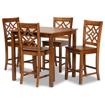 Contemporary Pub Set, 4 Counter Stools With Geometric Cut Out Back, Walnut Brown