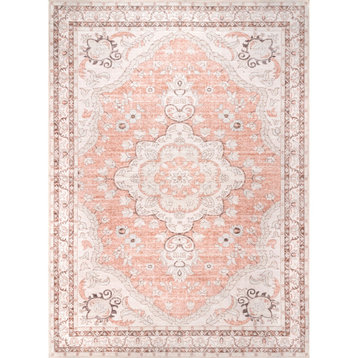 nuLOOM Faded Rosette Washable Traditional Vintage Area Rug, Peach, 4'x6'