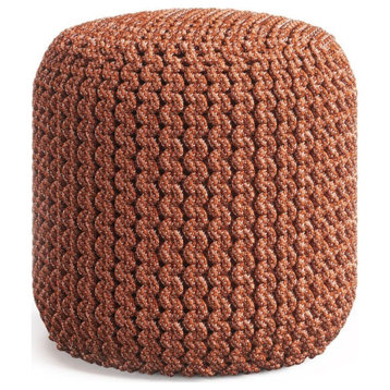 Pemberly Row Traditional Boho Round Fabric Knitted Pouf in Orange