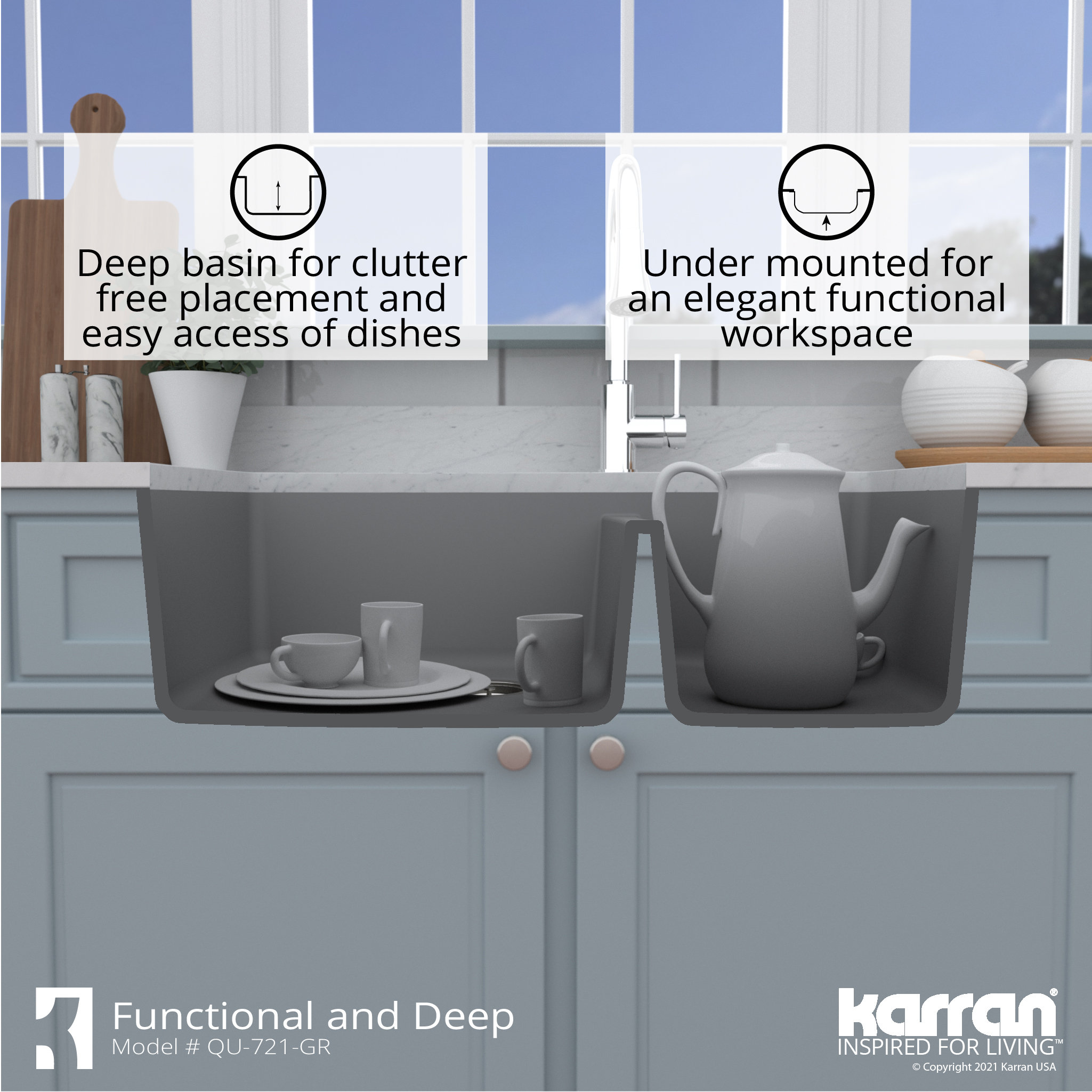Karran Undermount Quartz 33" 60/40 Double Bowl Kitchen Sink, Grey