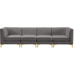 Meridian Furniture - Alina Velvet Upholstered 4-Piece Modular Sofa, Grey - Bring modern beauty to your space with the addition of this Alina Velvet Modular Sofa. This beautiful sofa features deep channel tufting to ramp up its visual interest and add to its resilient demeanor. Its soft grey velvet upholstery blends nicely with existing elements in your room and is sleek to the touch, making this seat a super comfortable one. Part of the modular Alina collection, this sofa has a latch that attaches it to other pieces to create your custom seating arrangement.