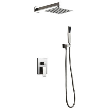 Modern Wall Mounted Shower System with Handheld Shower Pressure Balance Valve, Brushed Nickel, 10"