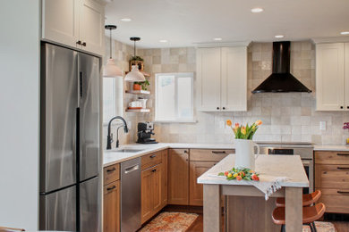 Small danish l-shaped dark wood floor and brown floor eat-in kitchen photo in Other with an undermount sink, shaker cabinets, light wood cabinets, quartz countertops, beige backsplash, ceramic backsplash, stainless steel appliances, an island and white countertops