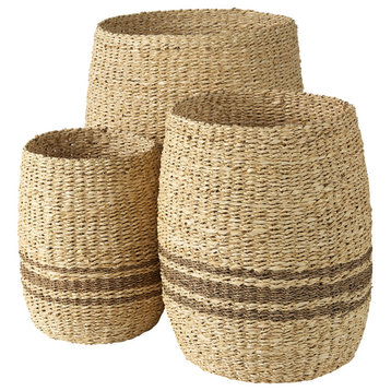 Sivannah Light Brown & Medium Brown Striped Seagrass Round Baskets (Set of 3)