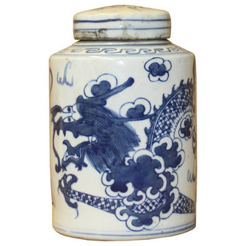 Chinese Blue White Ceramic Dragon Graphic Container Urn Jar Hws812