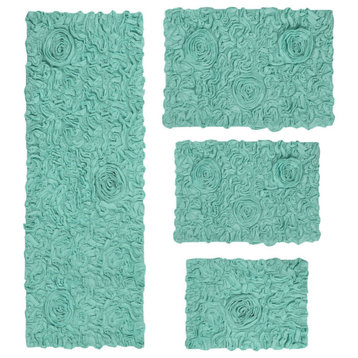 Bell Flower Collection Bath Rug, 4-Piece Set With Runner, Turquoise