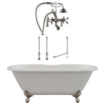 67" Cast Iron Clawfoot Tub with Complete Plumbing Package- "Vernon", Brushed Nickel