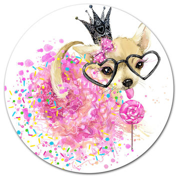 Cute Dog With Crown And Glasses, Animal Art Round Metal Wall Art, 11"
