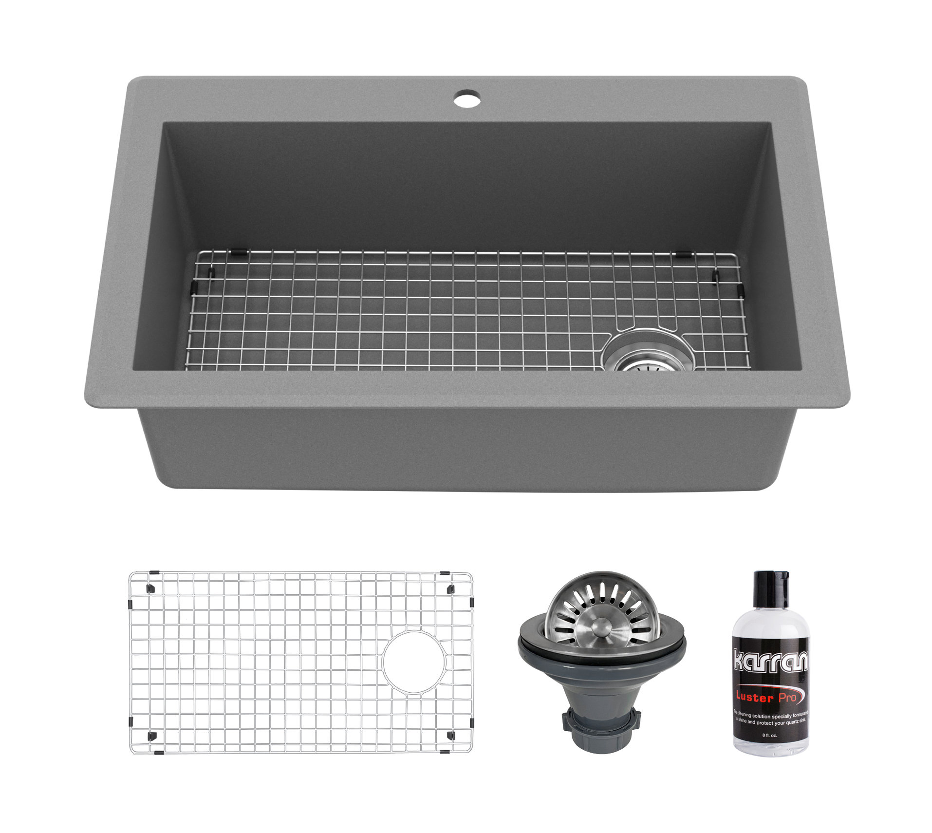 Karran Drop-In Quartz 33" 1-Hole Single Bowl Kitchen Sink Kit, Grey