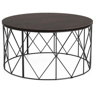 Industrial Coffee Table, Geometric Metal Frame With Round Top, Walnut/Black