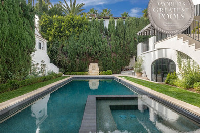 Photo of a large contemporary back rectangular lengths swimming pool in Los Angeles with natural stone paving.