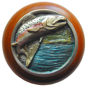 Leaping Trout Wood Knob, Antique Brass, Cherry Wood Finish, Pewter Hand Tinted