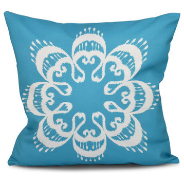 Ikat Mandala, Geometric Outdoor Pillow, Turquoise, 18"x18"