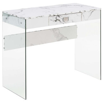 SoHo Glass 36 Desk in Clear Glass and White Faux Marble Finish with Drawer