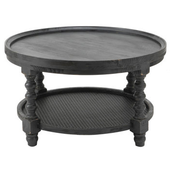 Benzara BM284922 Coffee Table, Fir Wood, Lower Tier Woven Wicker Shelf, Black