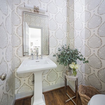 Classic Powder Room with Patterned Wallpaper & Pedestal Sink