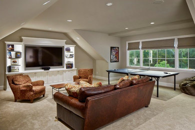 Mid-sized transitional enclosed family room in Dallas with a game room, grey walls, carpet, no fireplace and a built-in media wall.
