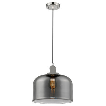 1-Light Large Bell 12" Pendant, Polished Nickel, Glass: Plated Smoked