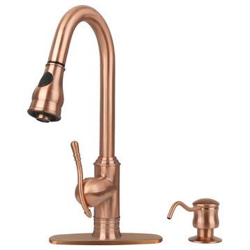 Copper Pull Down Kitchen Faucet With Soap Dispenser and Deck Plate, All, One