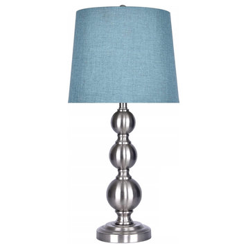 25" Brushed Nickel Table Lamps, Hourglass Body/Turquoise Linen Shade, Set of 2