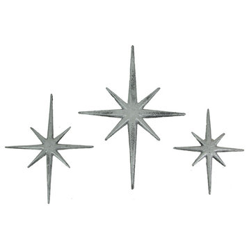 Set of 3 Metallic Silver Cast Iron Starburst Wall Hangings Mid Century Modern 8