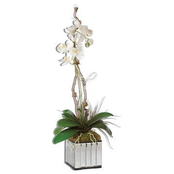 Luxe Faux Floral White Orchids Mirrored Pot