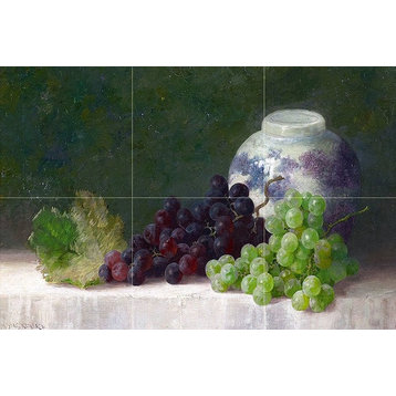 Tile Mural Still Life With Grapes and Porcelain Bowl, Ceramic Glossy